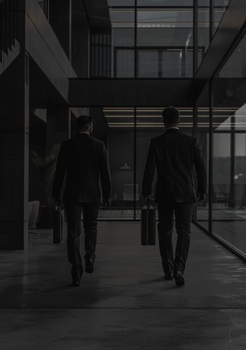 Two lawyers with briefcases walking through an office lobby