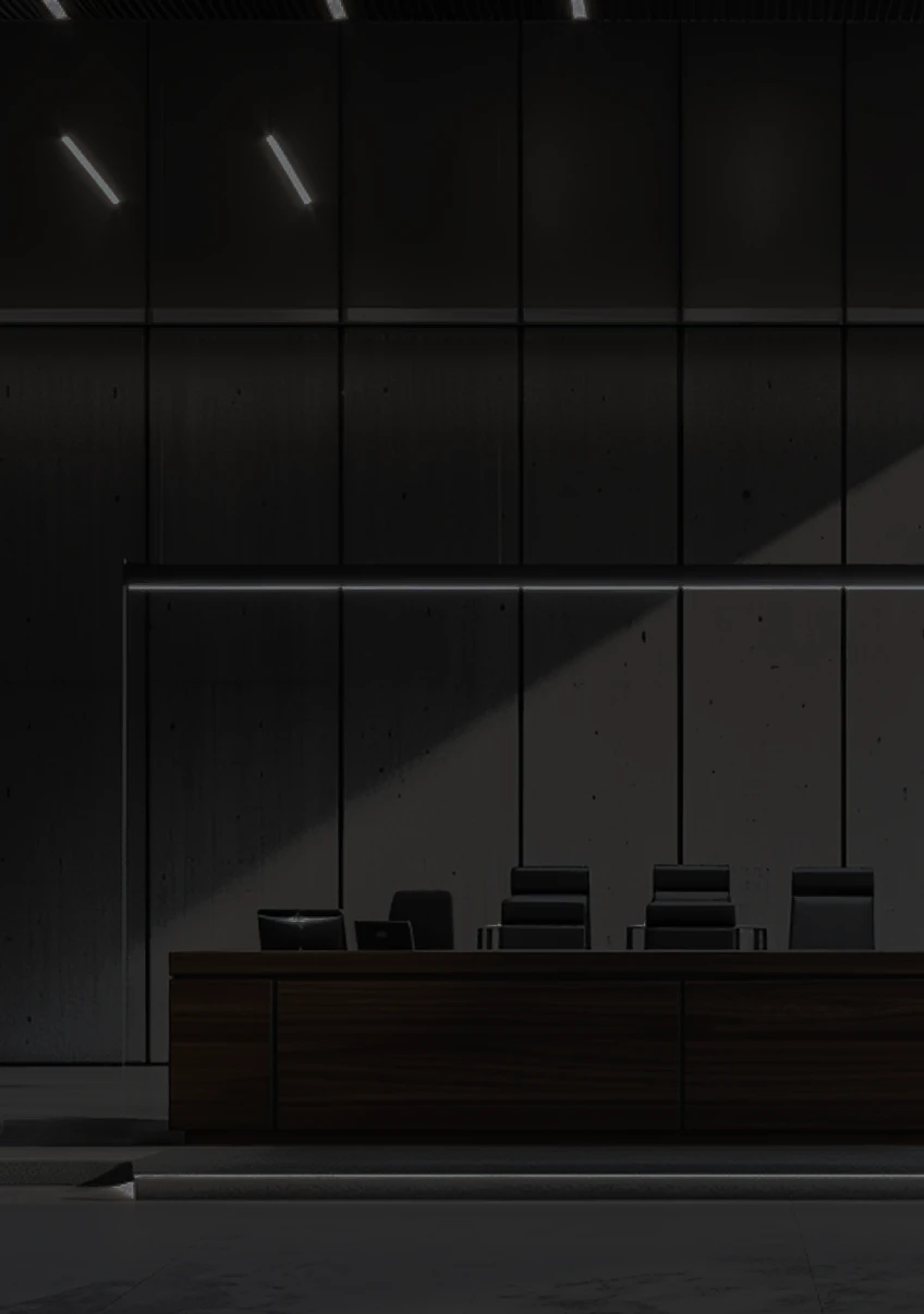 Empty courtroom bench under dim lights