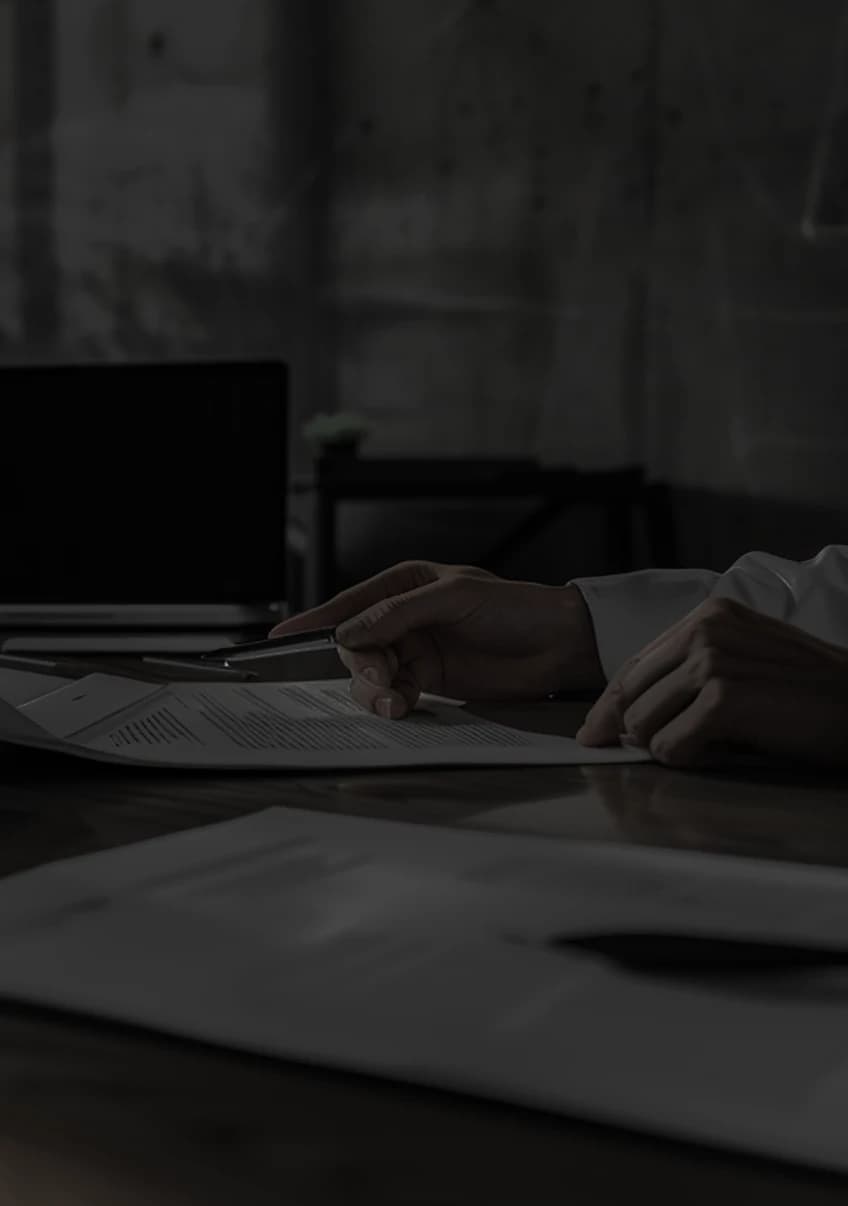 Lawyer marking up a printed document at a desk